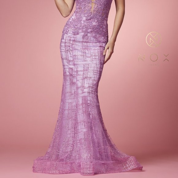LILAC GLITTERY DEEP V-NECK BODICE WITH FLOOR LENGTH TRUMPET SKIRT DRESS NX282 - Picture 2 of 6